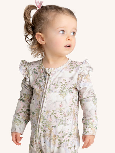 'Field of Dreams' Precious Frill Coverall Onesie - Soft Taupe