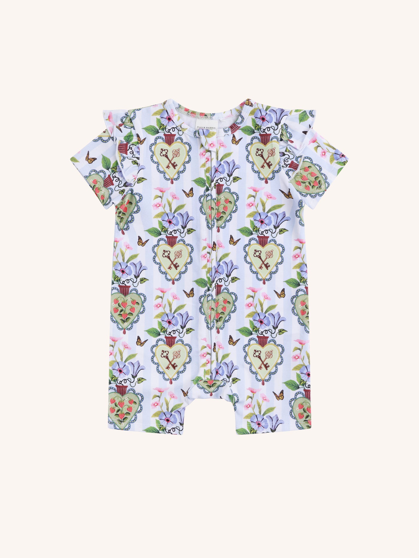 'Hearts' Precious Shorty Frill Coverall - Blue Stripe