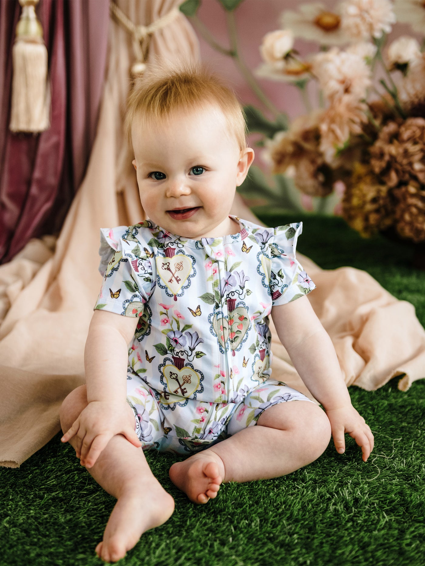 'Hearts' Precious Shorty Frill Coverall - Blue Stripe