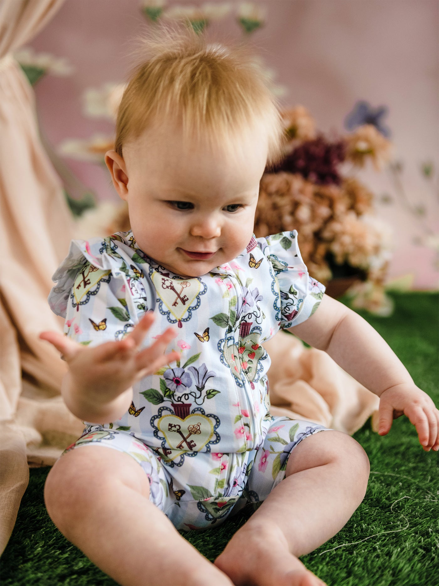 'Hearts' Precious Shorty Frill Coverall - Blue Stripe