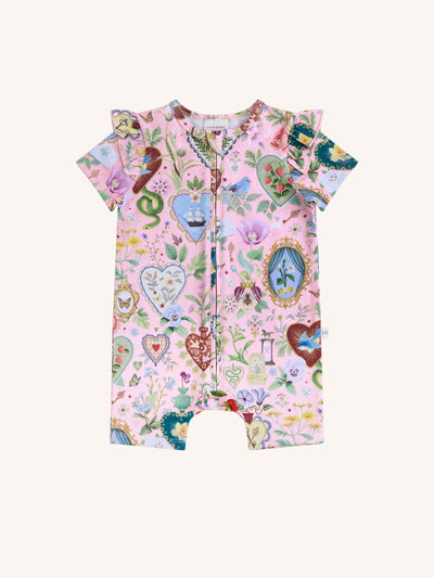 'All my Hearts' Precious Shorty Frill Coverall - Parfait Pink